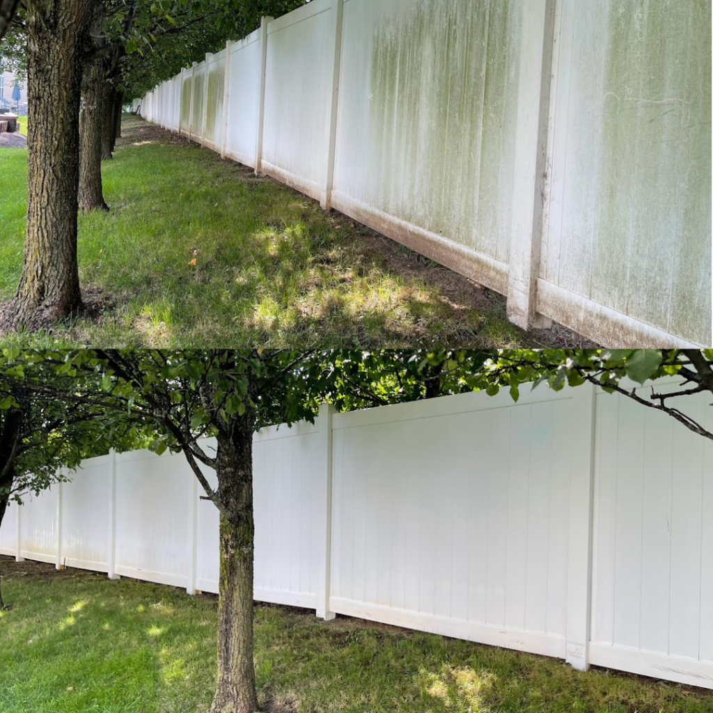 Vinyl fence cleaning completed with soft wash method in Plain City Ohio